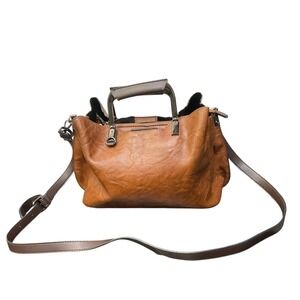 Rofozzi Cognac Brown Vegan Leather Satchel Crossbody Bag Floral Lining Gunmetal